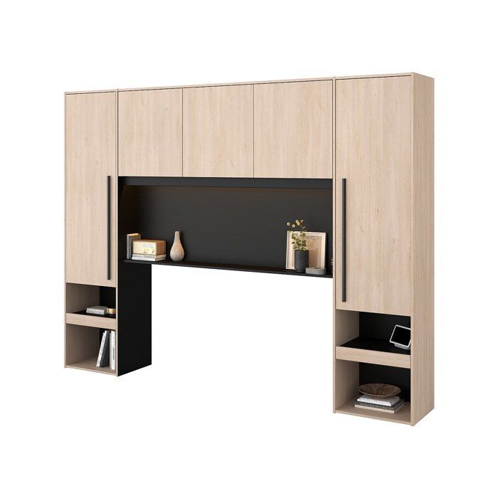Cama con cabecero y espacio de almacenamiento - Con luces LED - L265 cm - Colores: Natural y negro - VELONA