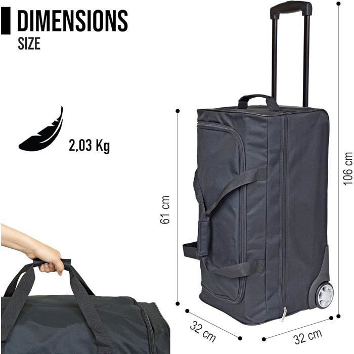 Sac de Voyage Trolley Noir - Grand sac à roulettes, canne télescopique, compartiment spacieux, poche zippée, idéal week-end