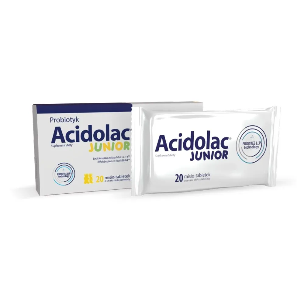 Acidolac Junior, Probiotyk dla dzieci, Misio-tabletki o smaku białej czekolady