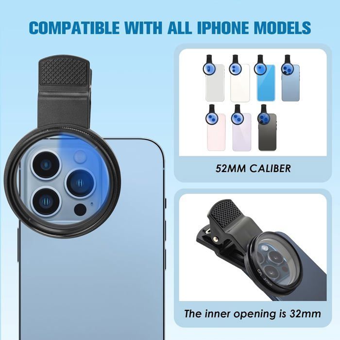Filtre polarisant, support de filtre CPL 52 mm pour objectif d'appareil photo de téléphone, pour réduire l'éblouissement.