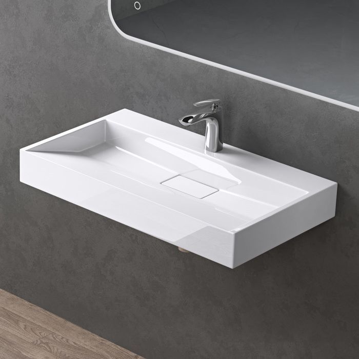 Lavabo mural Doporro con desagüe, lavabo de encimera blanco, 70x46x11cm, lavabo rectangular con orificio para taladrar, Colossum19