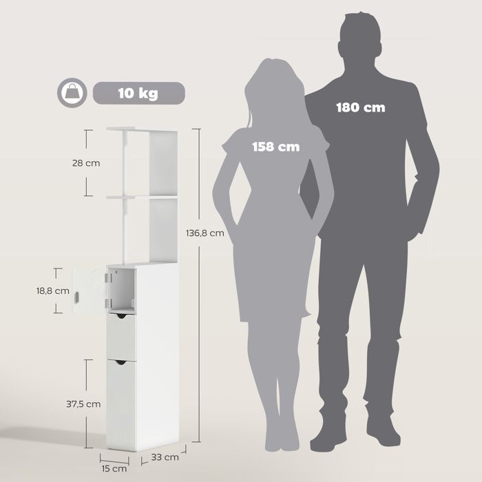 Bathroom column cabinet - HOMCOM - with drawers, open shelves - 15 x 33 x 136.8 cm - wood - white