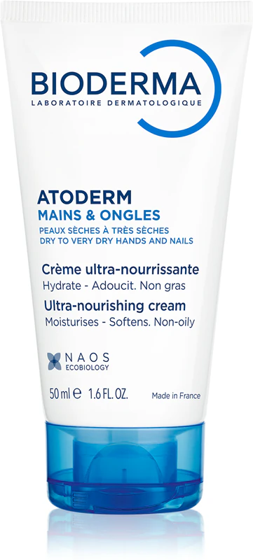Creme para mãos e unhas Bioderma Atoderm, indicado para pele seca e atópica.