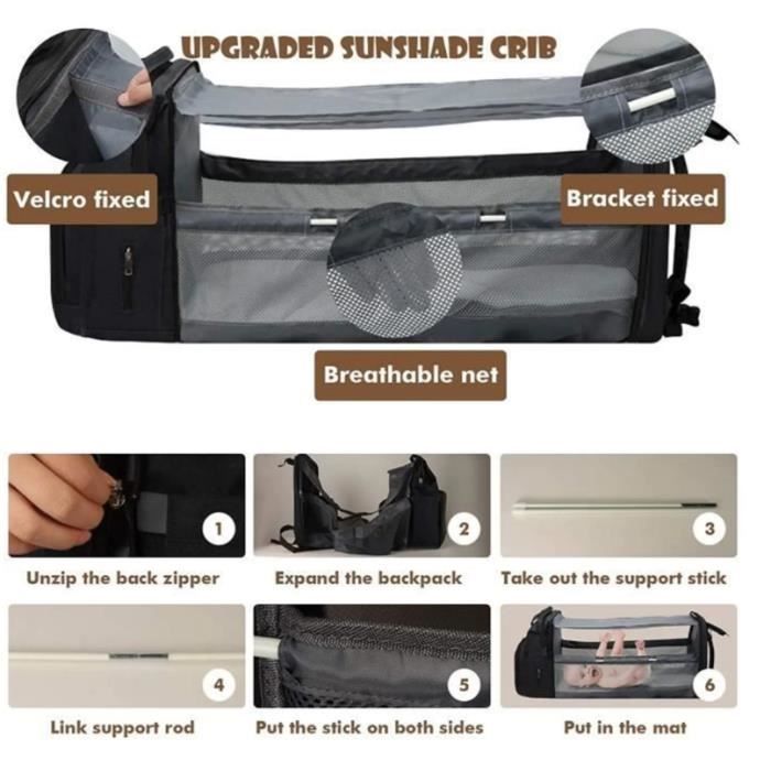 Sac à Dos à Langer avec Matelas à Langer pour Bébé, Grande Capacité Sac à Couches Multifonction Imperméable Sac de Voyage