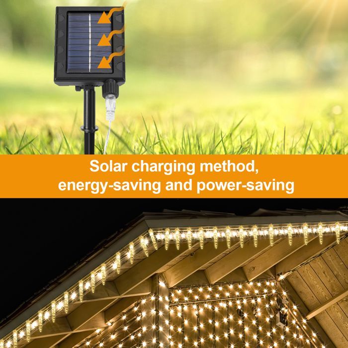 Luzes de Natal Riossad com 80 LEDs em formato de pingente de gelo, movidas a energia solar, ideais para iluminação de Natal, jardim, áreas externas e internas.