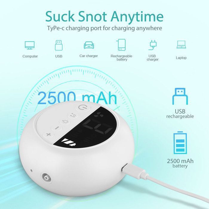 Aspirador nasal eléctrico para bebés con 9 niveles de succión y 3 puntas de silicona, aspirador nasal dividido con luz