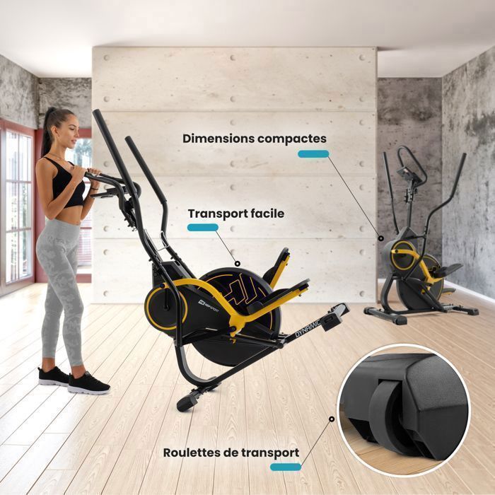 Hop-Sport HS-450B Dynamische 2-in-1 crosstrainer en stepper, 8 kg vliegwiel, 8 niveaus magnetische weerstand, max. 120 kg, geel