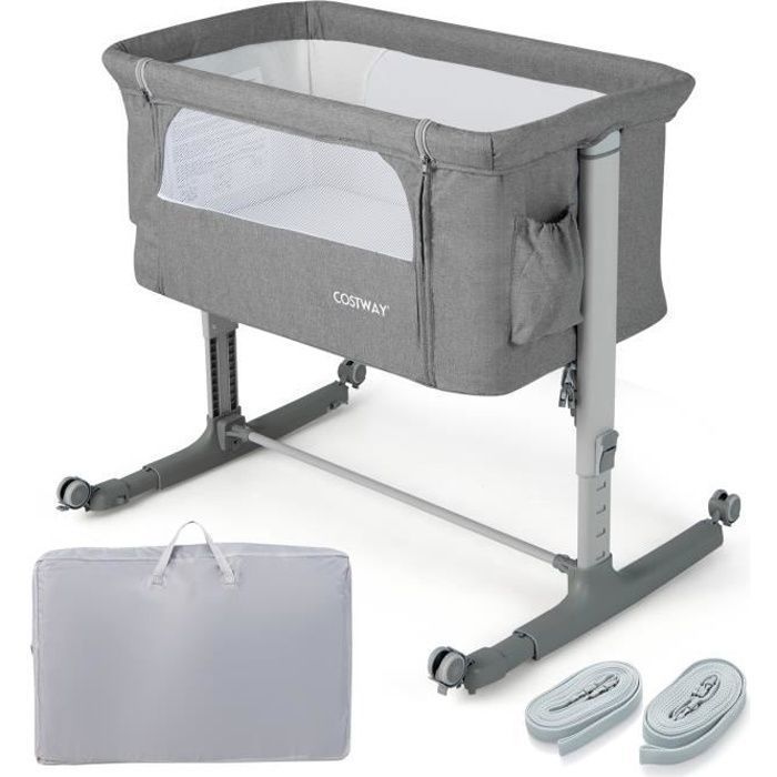 COSTWAY Baby Co-Sleeping Crib with 5 Adjustable Heights, 9KG Load Capacity, Breathable Mesh Bassinet and Travel Bag for Babies 0-6 Months, Light Grey