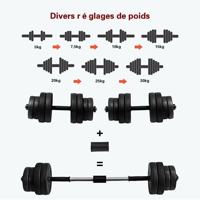 Juego de mancuernas ajustables COSTWAY para entrenamiento de fuerza, 30 kg, mancuernas cortas 2 en 1 (8 x 2,5 kg + 8 x 1,25 kg), mango cómodo de 100 cm.