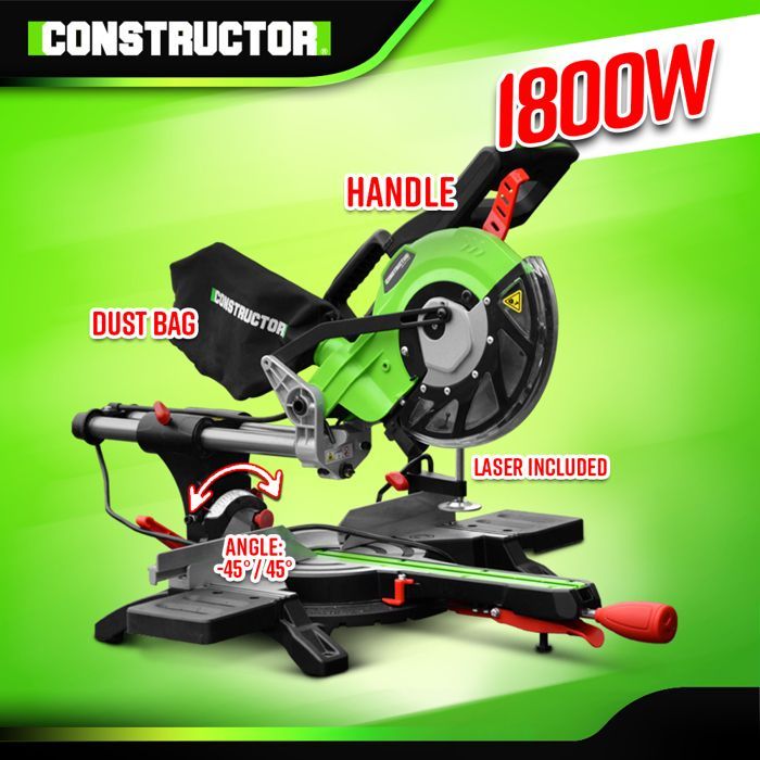 1800w-210mm Radial Mitre Saw with Laser and Dual Bevel - Constructor