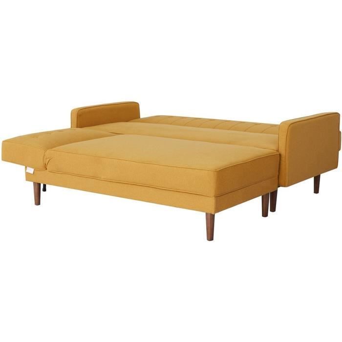 Canapé d'angle convertible 3 places réversible - Tissu jaune moutarde - Pieds en bois - L 286 x P 169 x H 80 cm - IMANIA