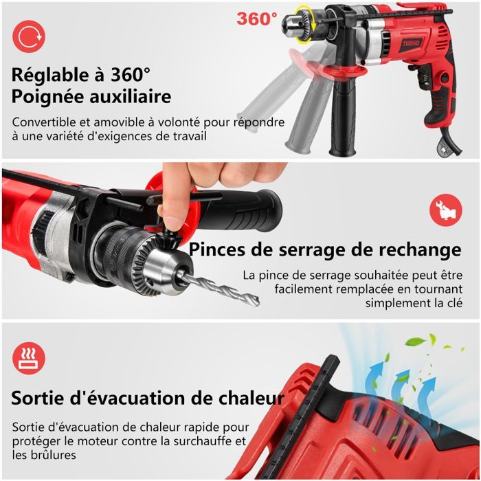 Electric impact drill - TEENO - 910W - 13 mm chuck - 0-3000 rpm - Drilling up to 32 mm