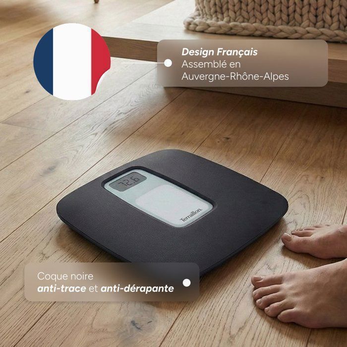 Bilancia da bagno - Terraillon - FRENCHY, Made in France, Piattaforma in plastica riciclata, Capacità 160 kg - Precisione 100 g, Nera