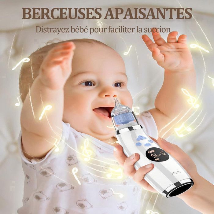 Aspirateu Nasal Électrique Bébé, Mouche Bebe, avec 5 Niveaux d' aspiration, 3 Embouts en Silicone Souple, Musique et Lumière