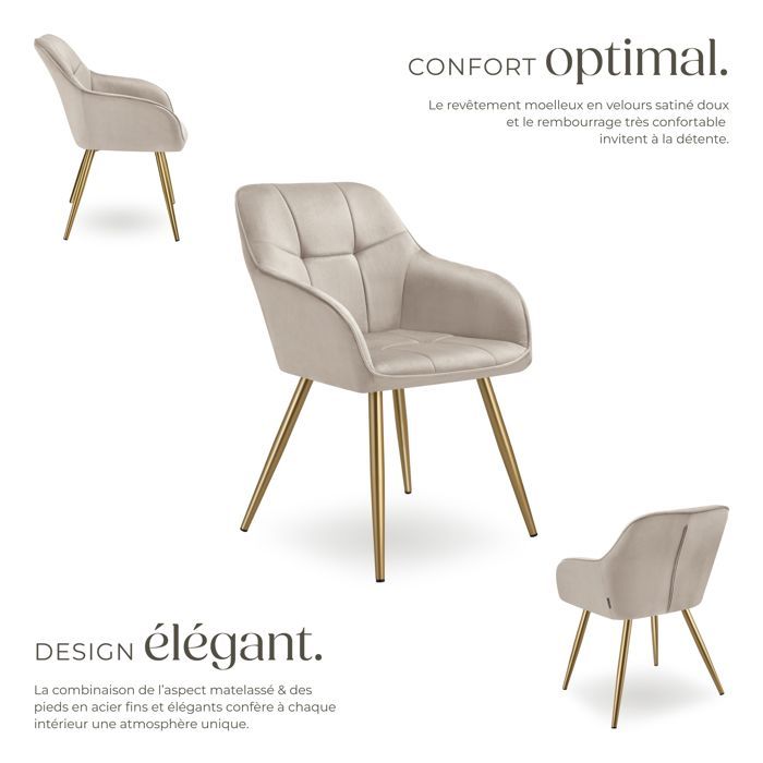 Silla - TECTAKE - Silla de comedor MARYLIN en aspecto de terciopelo con patas de acero dorado - Topo/Dorado