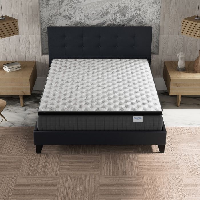 Colchón y cama (140x200cm) - Elekctra 30cm Muelles ensacados y espuma viscoelástica + Base de láminas y cabecero tapizados en negro