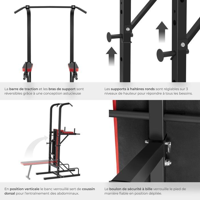 Entrenamiento con pesas - TECTAKE - Estación de entrenamiento con pesas REEVES de acero con banco plegable, barra de dominadas y estación de fondos - Negro