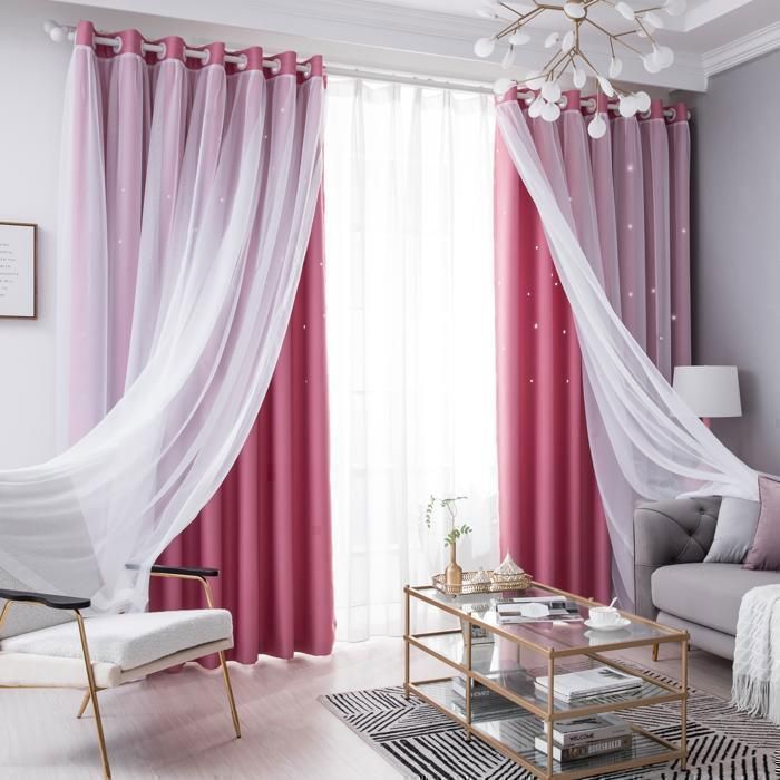 2 paneles - Cortina doble - Diseño de estrella calada - Opaca - 100 x 250 cm - Rosa - Para salón y dormitorio