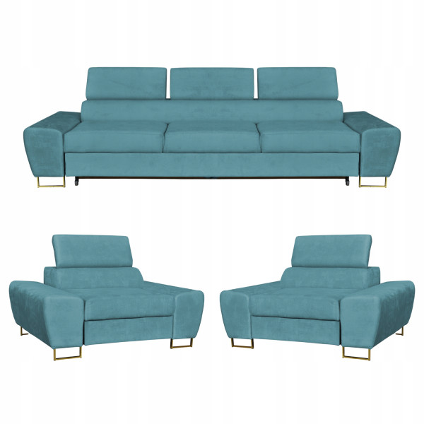 Zestaw mebli wypoczynkowych Bosso Sofa 3os fotele niebieskie Family Meble