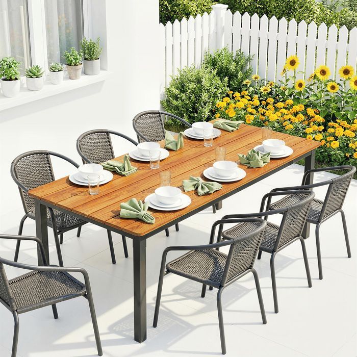 Table de jardin - Outsunny - 6 à 8 personnes - rectangulaire - plateau à lattes - acier et bois massif - 180x86x74cm - teck
