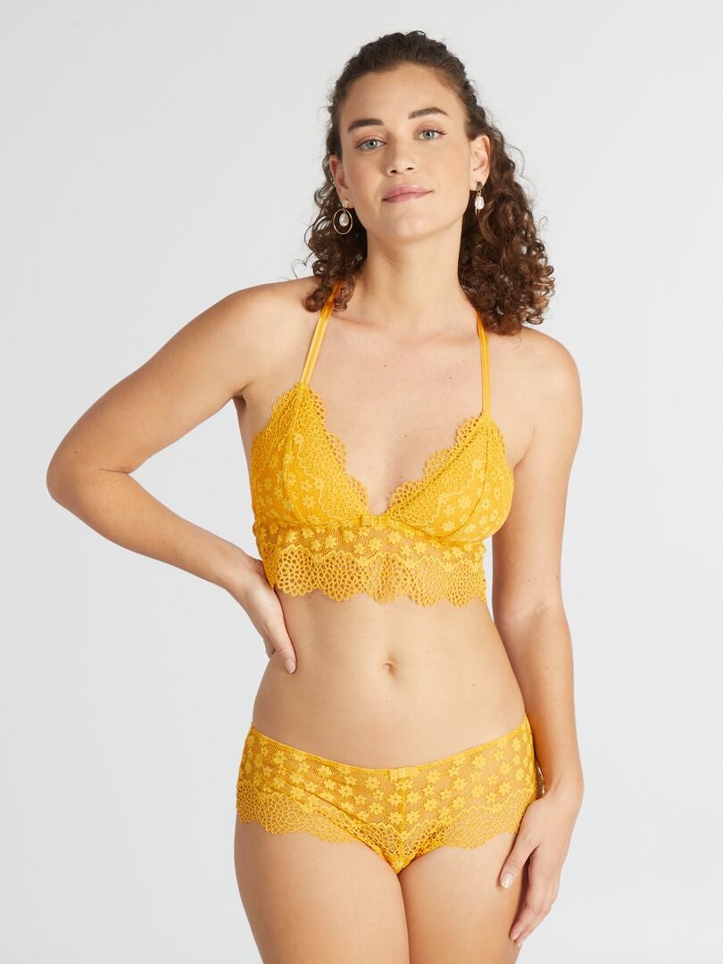 Calcinha fio dental com renda floral vazada - amarela