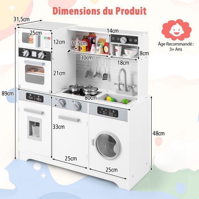 COSTWAY Kinderkeuken voor kinderen vanaf 3 jaar, 7 accessoires, waterdispenser, magnetron, oven, wasmachine, geluiden en lichtjes