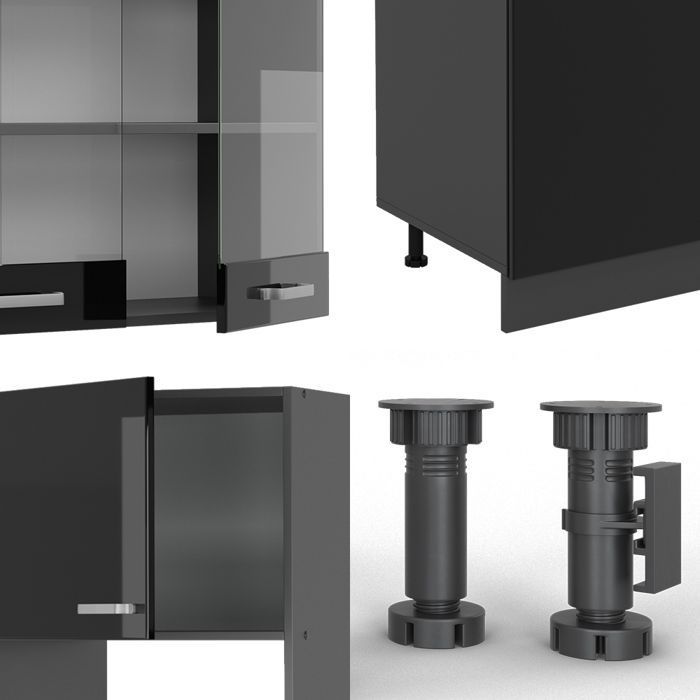 Cuisine R-Line 300cm avec armoire haute, sans PT Noir Haute brillance Anthracite Vicco 40962