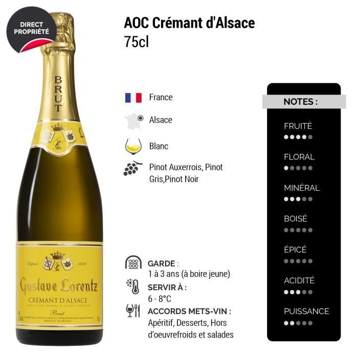 Crémant d'Alsace Brut Blanc - Lot de 3x75cl - Gustave Lorentz - Vin effervescent AOC Blanc d' Alsace - Cépages Pinot Auxerrois,