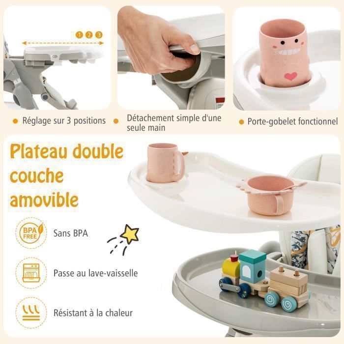 Silla alta plegable para bebé COSTWAY con respaldo reclinable, altura ajustable, bandeja extraíble sin BPA, apta para bebés de 6 meses en adelante, 4 ruedas giratorias, color blanco.