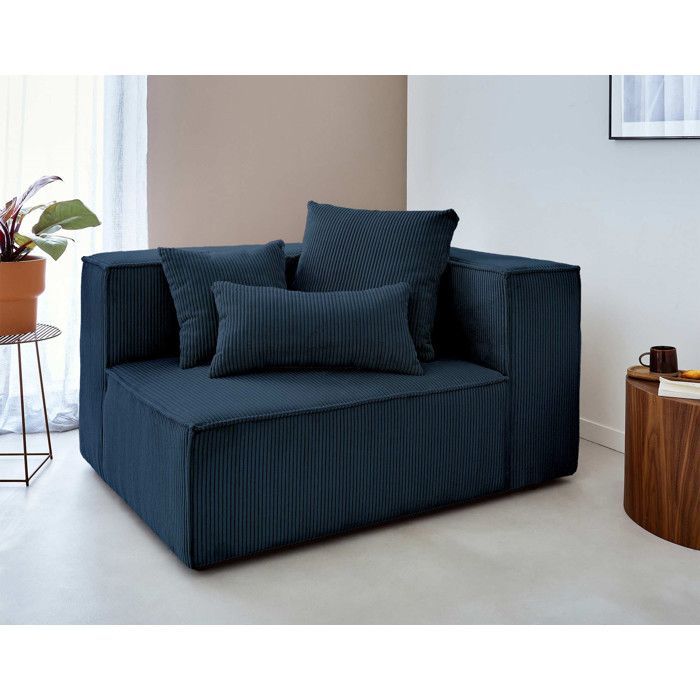 Colombine - Sofá modular de canto esquerdo - 6 lugares - em veludo cotelê - Azul meia-noite