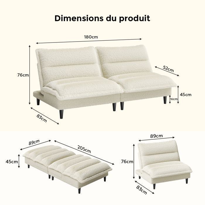 Canapé convertible 3en1, dossier réglable, Canapé lit en velours de lait, confortable et idéal pour les petits espace
