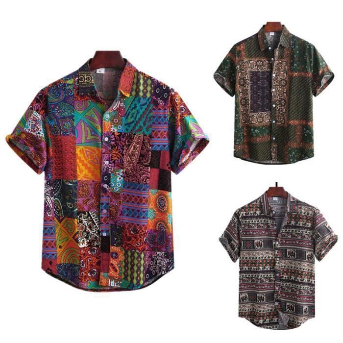 Camicia da uomo in cotone e lino stampato - INSFITY - Maniche corte - Rosso rosato