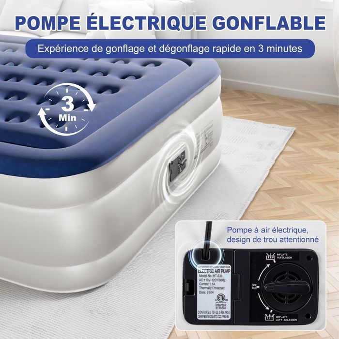 Materassino gonfiabile per 2 persone, con pompa elettrica integrata e superficie morbida floccata, ideale per campeggio, casa e ospiti, dimensioni 203 x 153 x 45 cm.