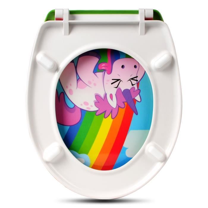Asiento de inodoro WOLTU Duroplase con bisagras, tapa de cierre suave, antibacteriano, 45,5 x 37,1 cm Unicornio
