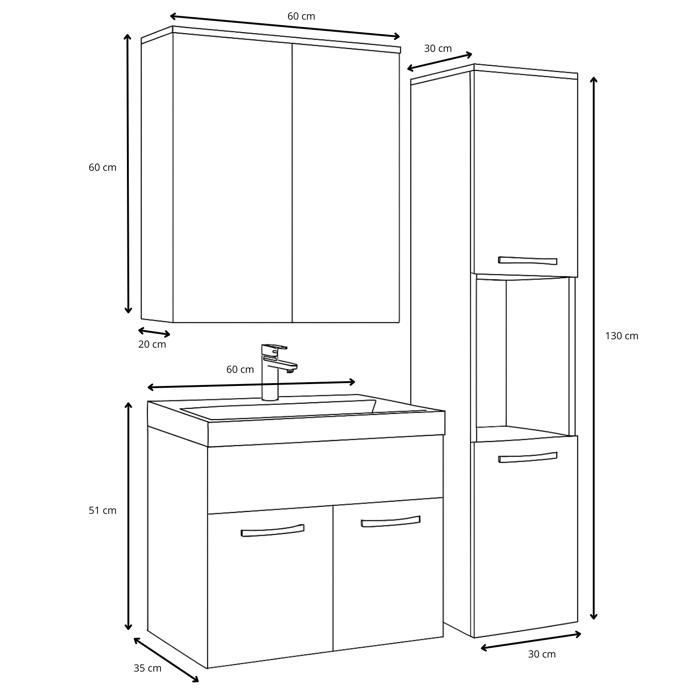 Montreal Bathroom Furniture Set - Badplaats - 60cm Oak Sink - Storage Mirror Cabinet