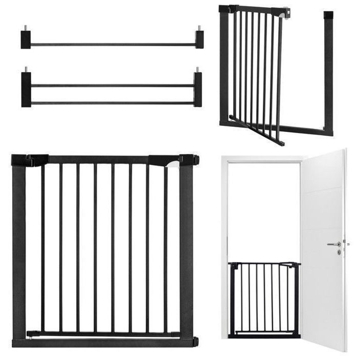 MoMi PAXI PLUS - Barrière de sécurité enfant 75-82 cm (extensible 103 cm) - Double ouverture - Installation sans perçage - Noir