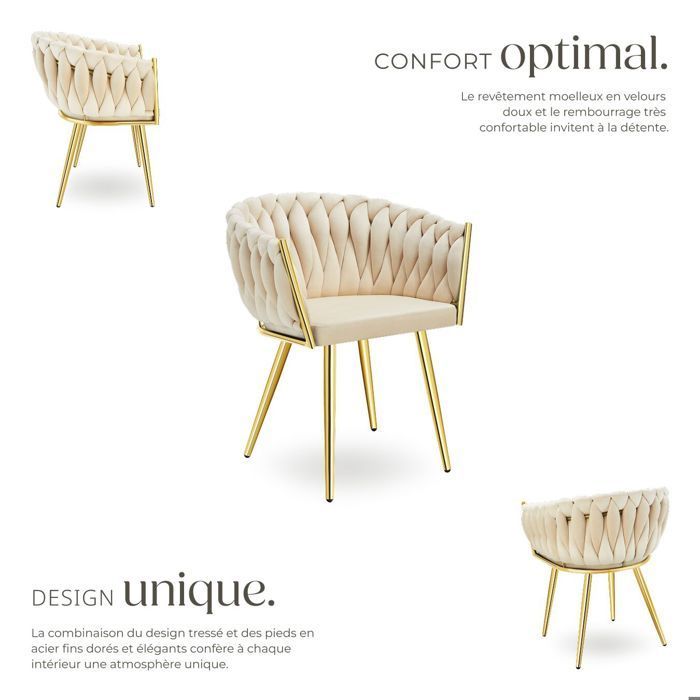 Chairs - TECTAKE - Set of 4 ASTANO dining chairs in knotted designer velvet with slim steel legs - Sand/Gold