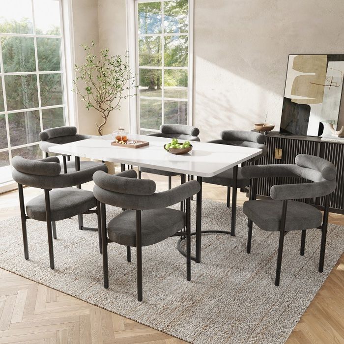 Moderne Cuisine Rectangulaire Ensemble Table Et Chaises Set (7 Pièces),avec 6 Chaises De Gris Velours, Pieds De Table Noir