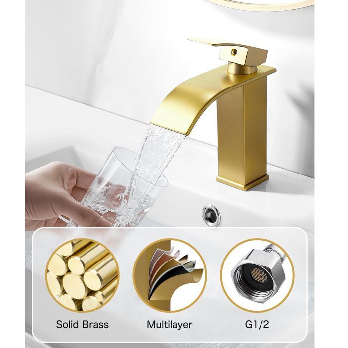 Brushed Gold Waterfall Bathroom Faucet, Brass Bathroom Basin Mixer Tap, Basin Faucet, Brass Mixer Tap