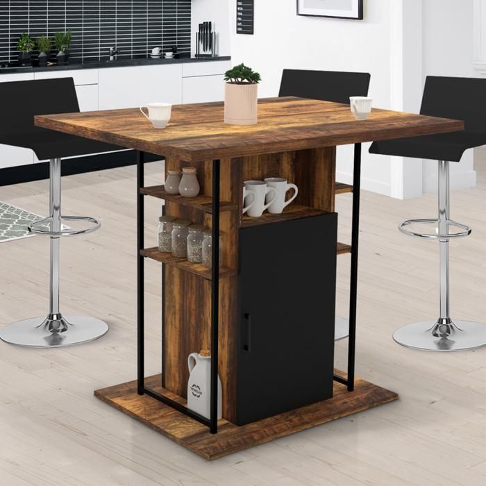 Isla central IDMARKET UGO de 110 cm en madera negra y efecto madera oscura de HAWKINS con almacenamiento de diseño industrial.