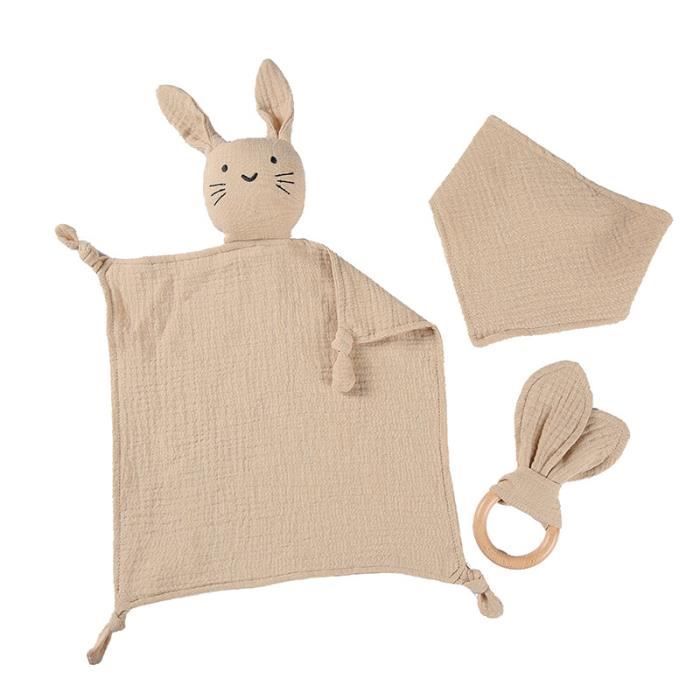 Set van 3 babycadeausets voor meisjes en jongens - 100% zacht katoenen pluche speeltje, slabbetje en cadeauringset voor pasgeborenen (khaki)