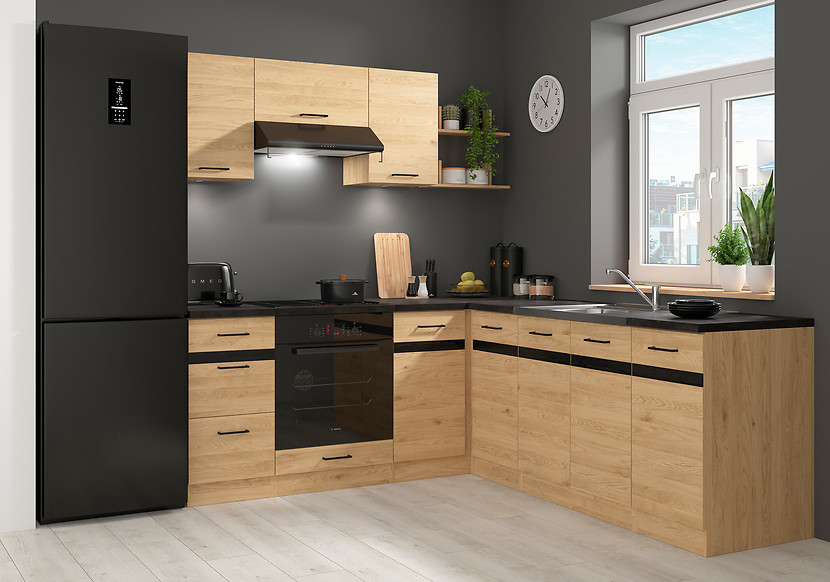 Komplet kuchenny narożny Junona Line 200x220 lewy dąb bernstein z blatem
