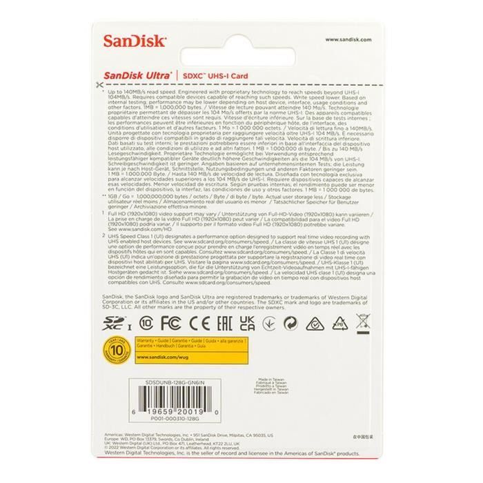 Carte mémoire SD SanDisk Ultra SDHC 128 Go Class 10 UHS-I Noir