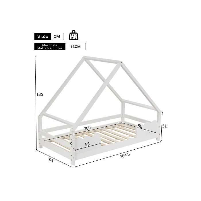 Accueil lit Lit pour enfant 90x200cm avec protection contre les chutes Parc pour enfants en bois massif blanc