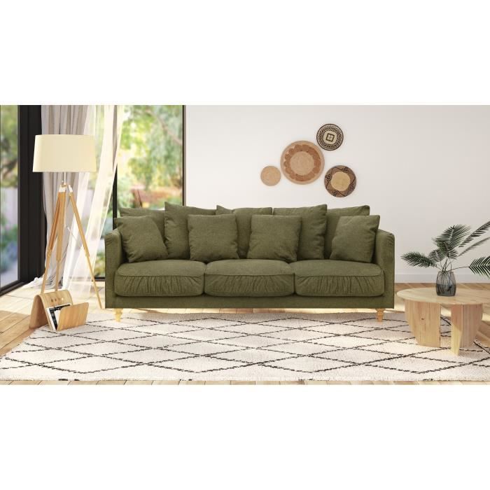 Sofá fixo CONSTANCE de 4 lugares - Tecido verde - Pés de madeira maciça - L 212 x A 87 x P 93 cm