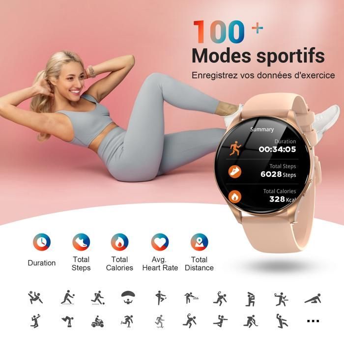 Blackview Montre Connectée Femme avec Appel Bluetooth 5.3, IP68/SpO2/Fréquence Cardiaque/Sommeil/Podomètre pour iOS Android Or