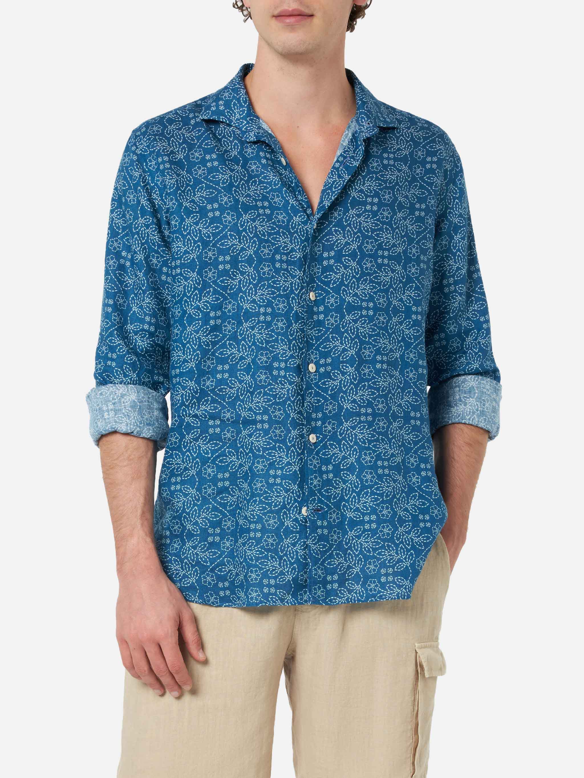 Pamplona marineblauwe linnen herenoverhemd met sashiko-print