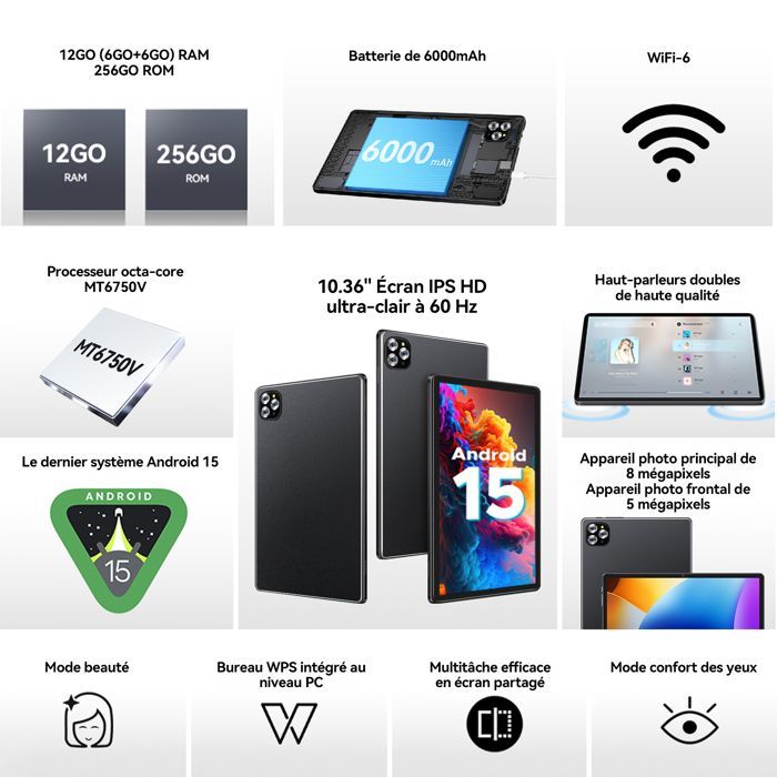 Tablette Android 15 de 10,36 pouces, 12 Go + 256 Go, extension carte TF 1 To | Plein HD 1280*800 | WiFi5/Bluetooth 5.0 - Noir