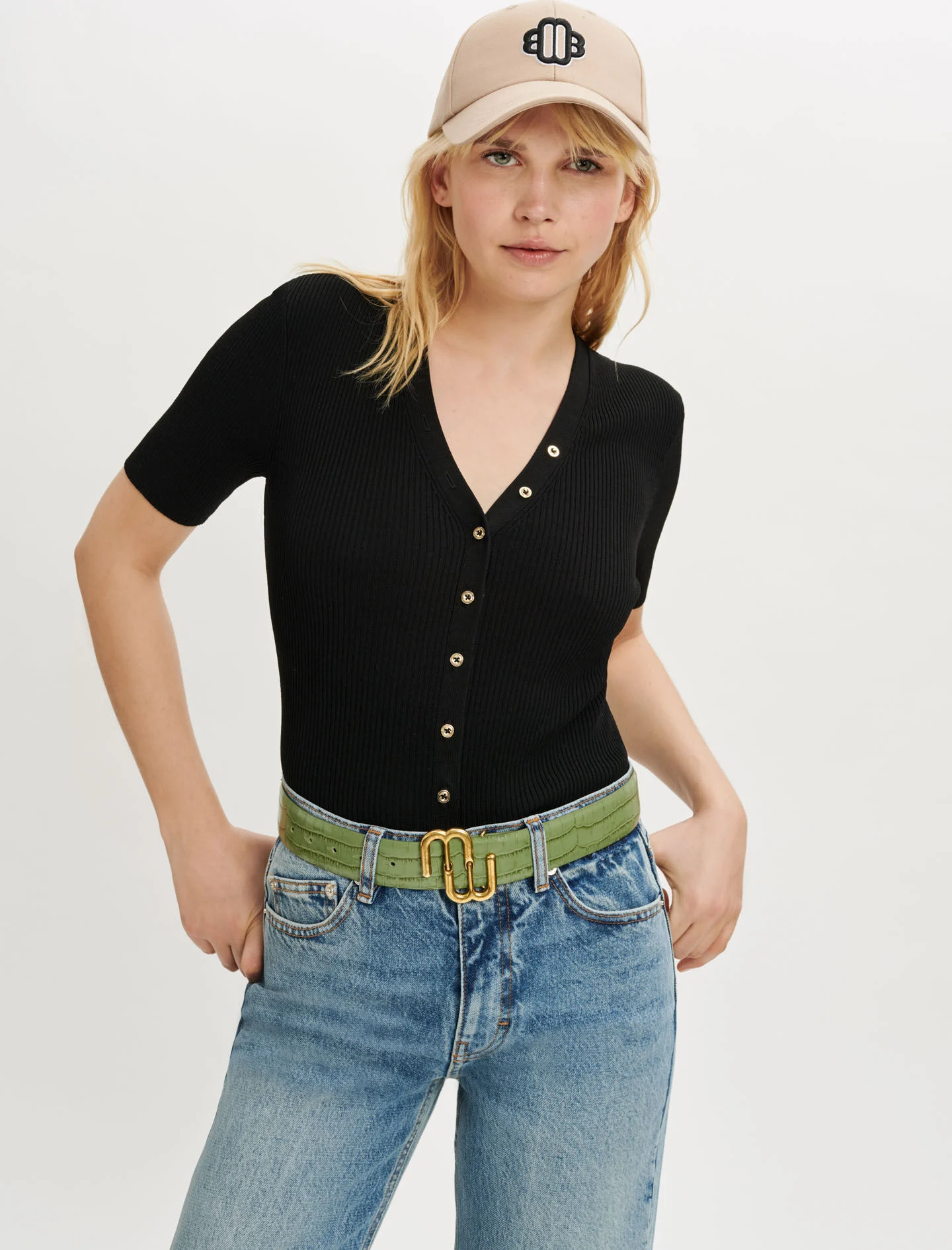 Maje-olive Dubbele Riem van Krokodillenleer M