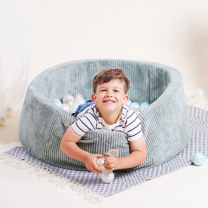 MISIOO Ronde Corduroy Ballenbak voor Baby- en Kinderkamer, Blauw, 90x30 cm, 200 Ballen: Mint/Goud/Parelwit